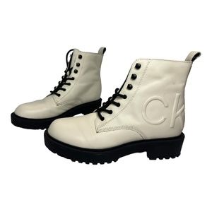 Calvin Klein Womens KCKAMRY Leather Logo Combat & Lace-up Boots Shoes size 8.5